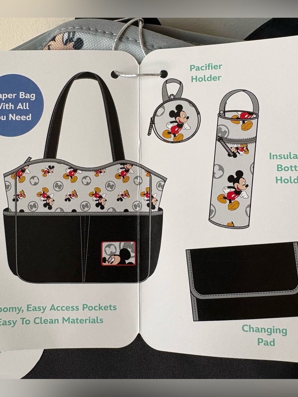 Disney Mickey Mouse Multi-Piece Diaper Bag Set Bottle Pacifier Holder